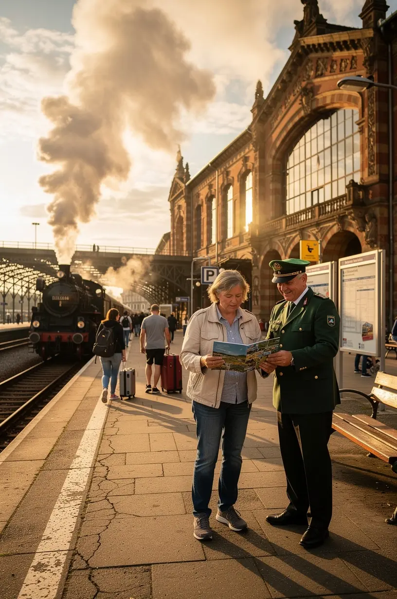Foto eines Schnellzugs der Deutschen Bahn, der durch grüne Wälder und Hügel einer ländlichen Region fährt.