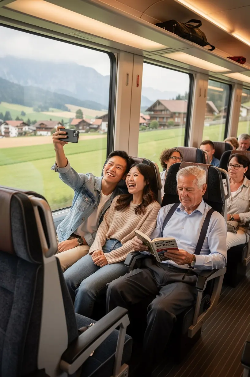 Zugfenster mit Blick auf historische deutsche Städte und Fachwerkhäuser während einer entspannten Bahnfahrt.