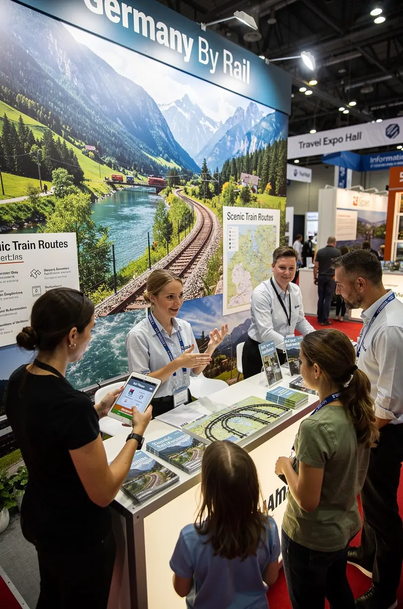 Freundlicher Kundenservice-Mitarbeiter erklärt die Vorteile von Kombitickets für Zugreisen in Deutschland detailliert.