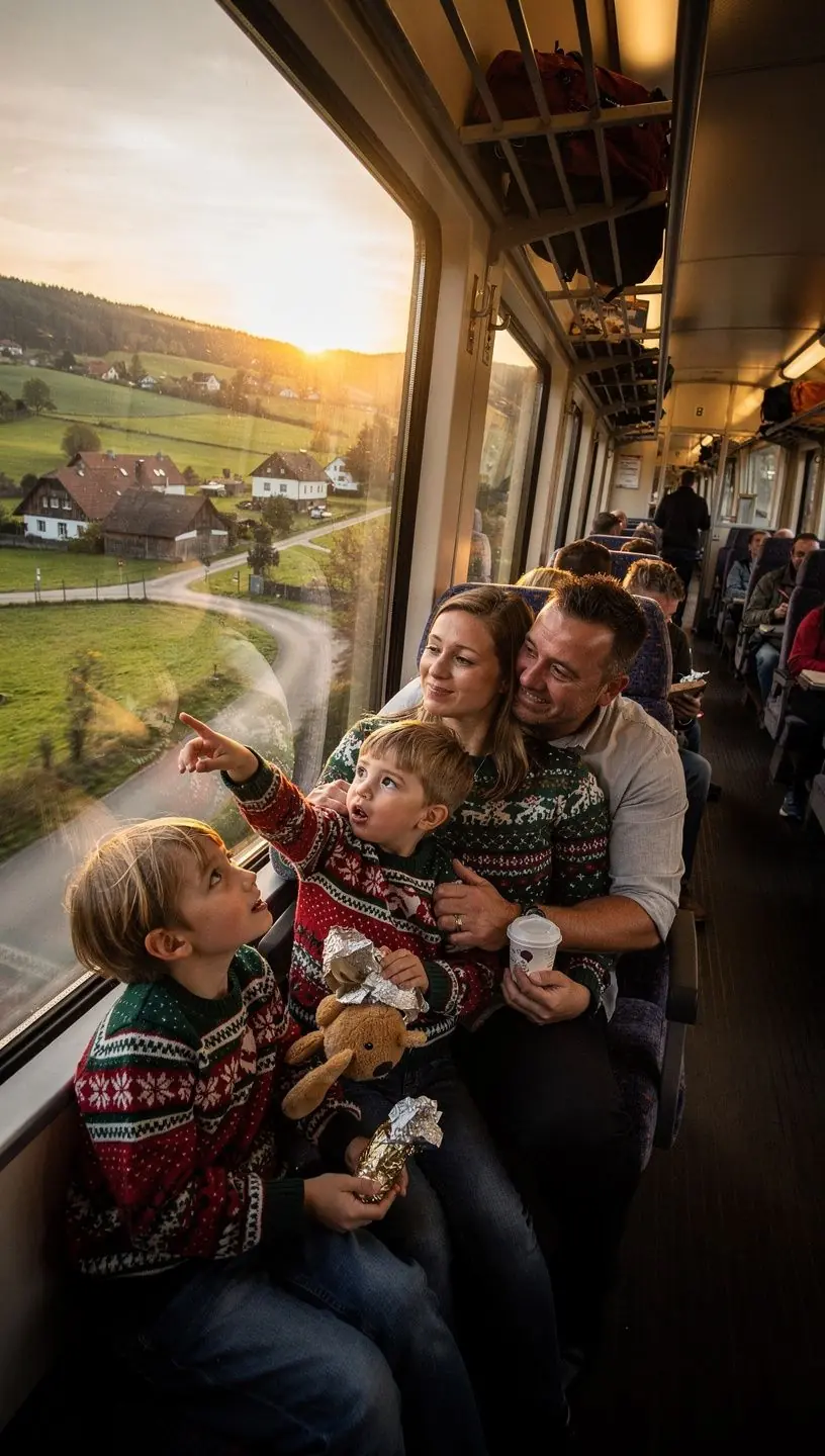 Zugpassagiere genießen komfortable Sitze und große Fenster mit Aussicht auf idyllische deutsche Flusslandschaften.